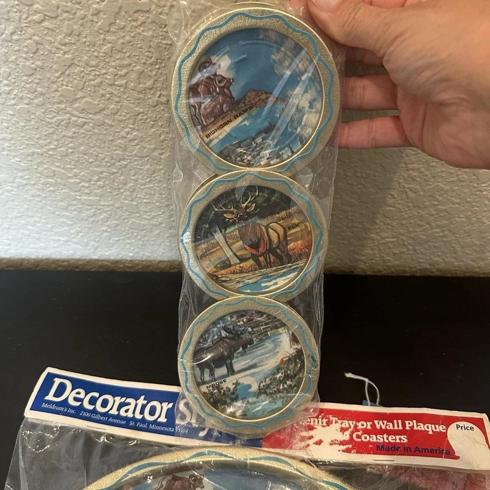 Vtg Yellowstone National Park Old Faithful Souvenir Tray & 6 Coasters NOS